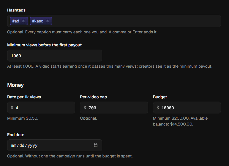 The campaign builder: hashtags, the rate per 1,000 views, the per-video cap and the budget