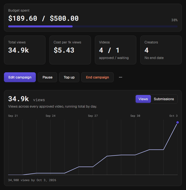 A campaign: budget spent, total views, cost per 1,000 views and views by day