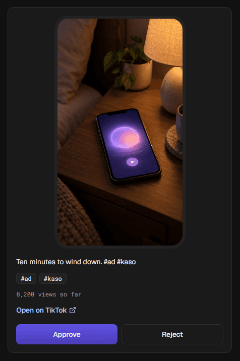 The review queue: a submitted video with its caption, its views and the Approve and Reject buttons