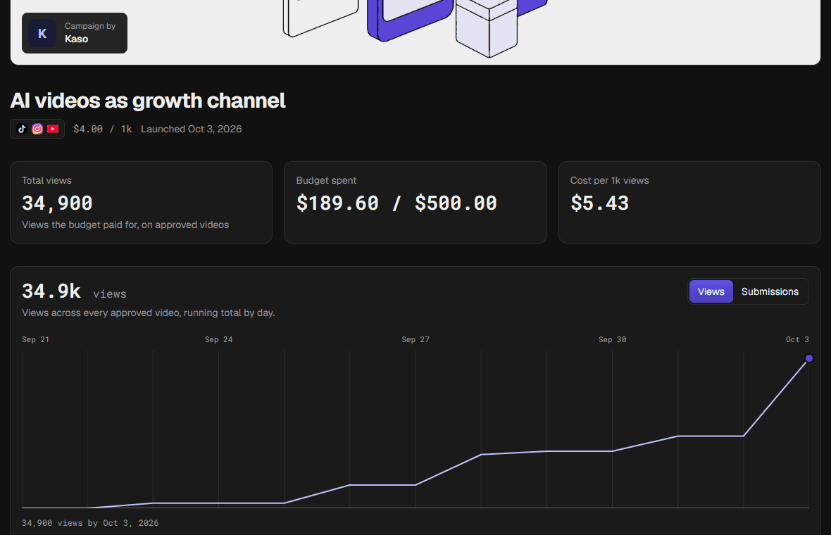 A shared campaign report: total views, budget spent, cost per 1,000 views and the videos